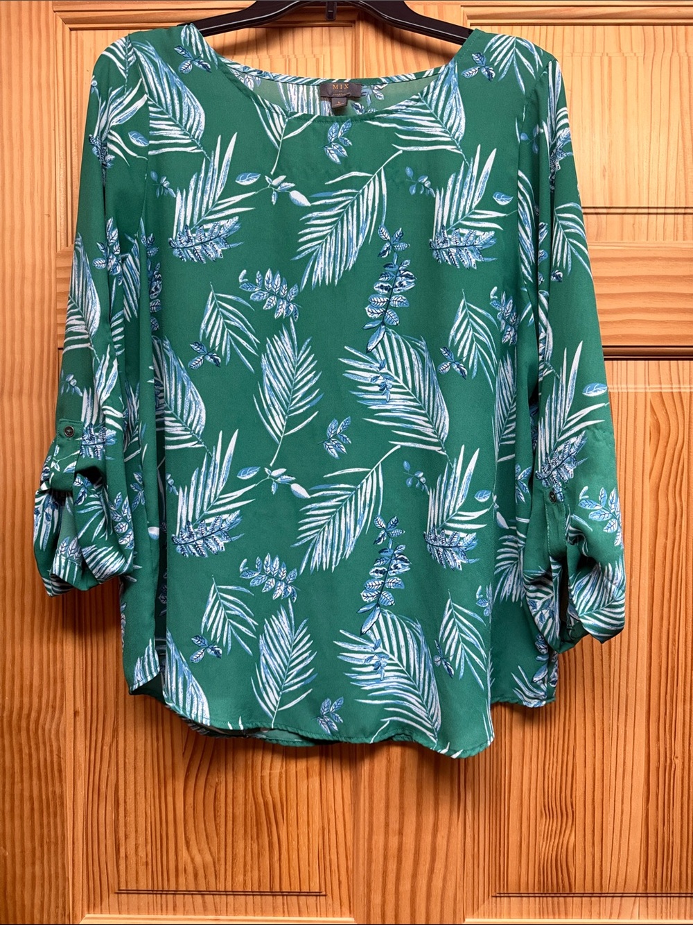 Green Tropical Leaf Print Blouse with Roll-Tab Sleeves.  High quality.